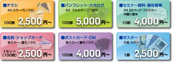 ■チラシ100部2,500円〜、■パンフレット・カタログ100部5,000円〜、■セミナー資料・報告書等10部4,000円〜、■名刺・ショップカード1セット（100枚）2,500円〜、■ポストカード・DM100枚4,000円〜、■ポスター1部2,500円〜